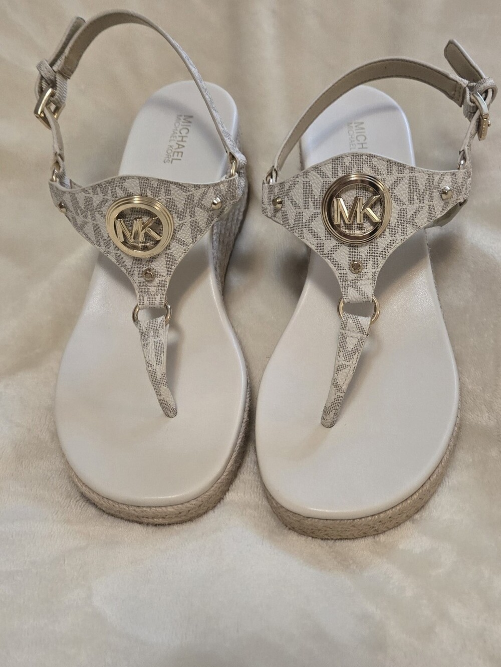 MICHAEL Michael Kors Beige Logo Thong Sandals with Gold MK Emblems
